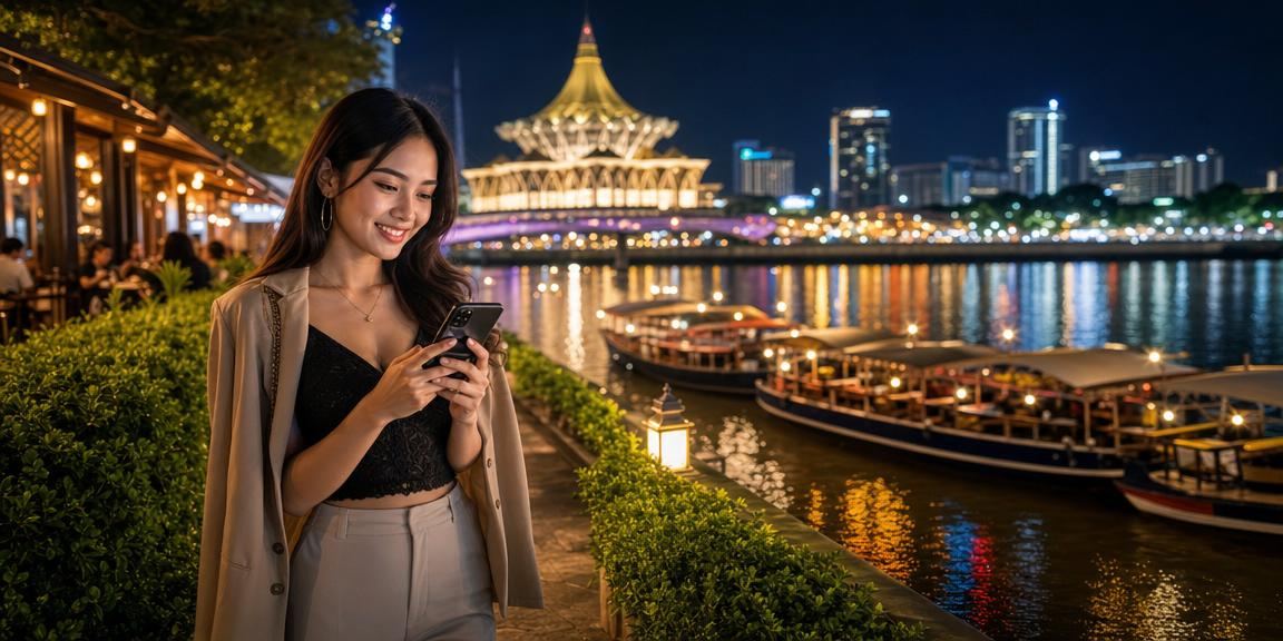 Pengguna bermain permainan meja kasino di telefon pintar di Kuching